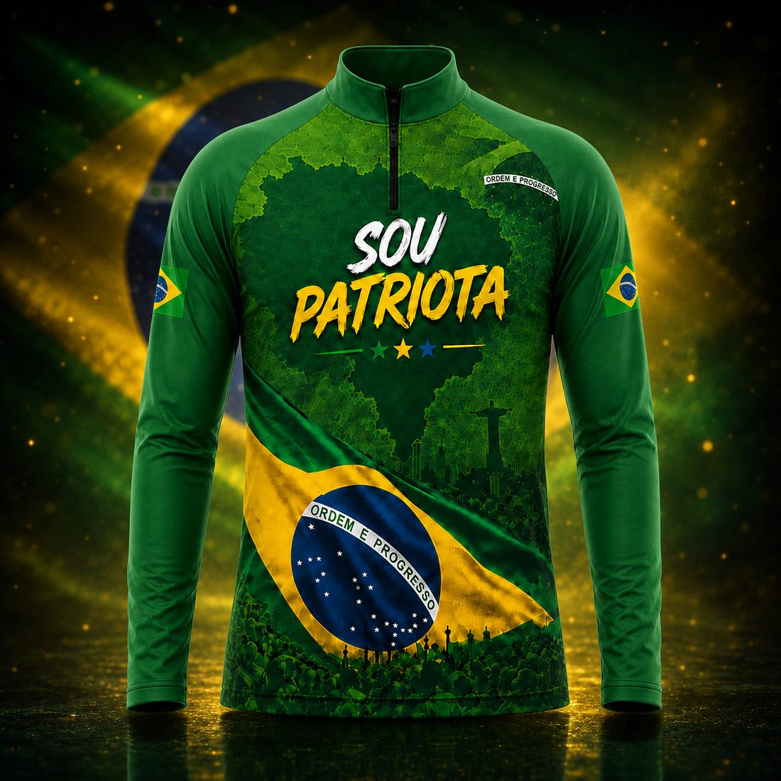 Camisa Sou Patriota manga longa, cor verde — vista de frente